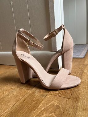 Qupid Nude Ankle Strap Block Heels
